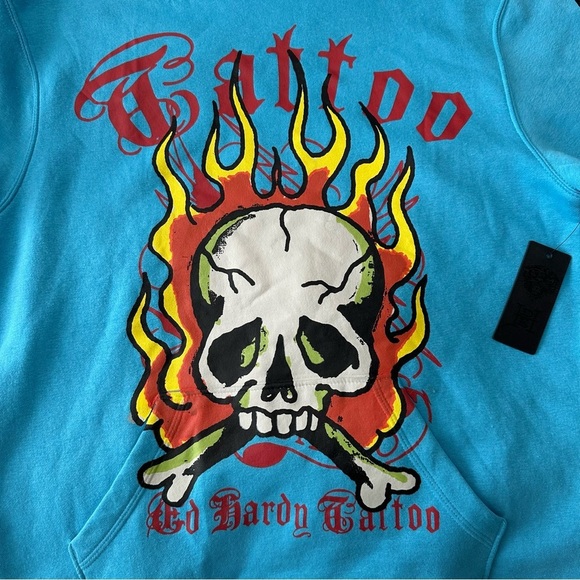 Ed Hardy Flames Skull Tattoo Pullover Sweatshirt Hoodie Turquoise Blue Large NWT - Picture 3 of 9